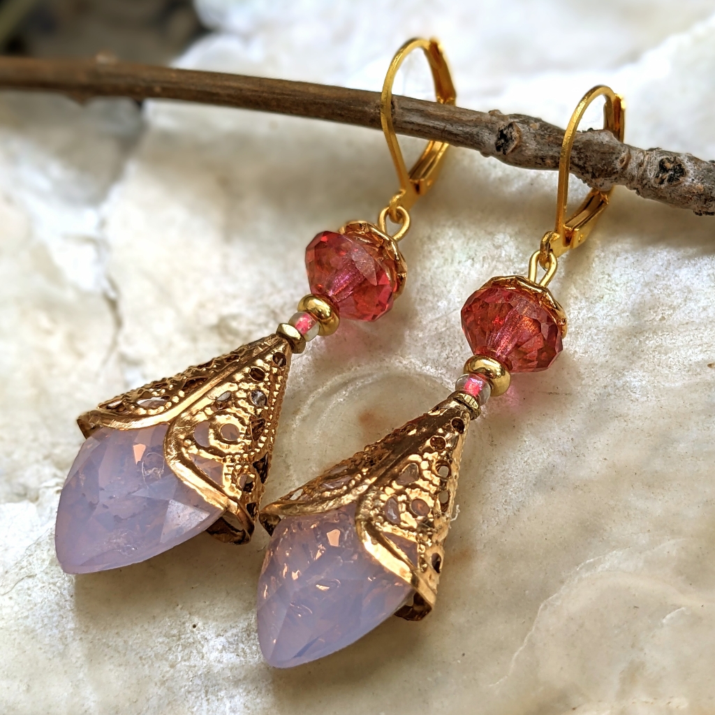 Victorian Pink Opal / Rosewater Opal In 18k Gold Plated Filligree Earrings